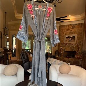 Johnny Was Gray Duster with Pink Floral Embroidery gently worn